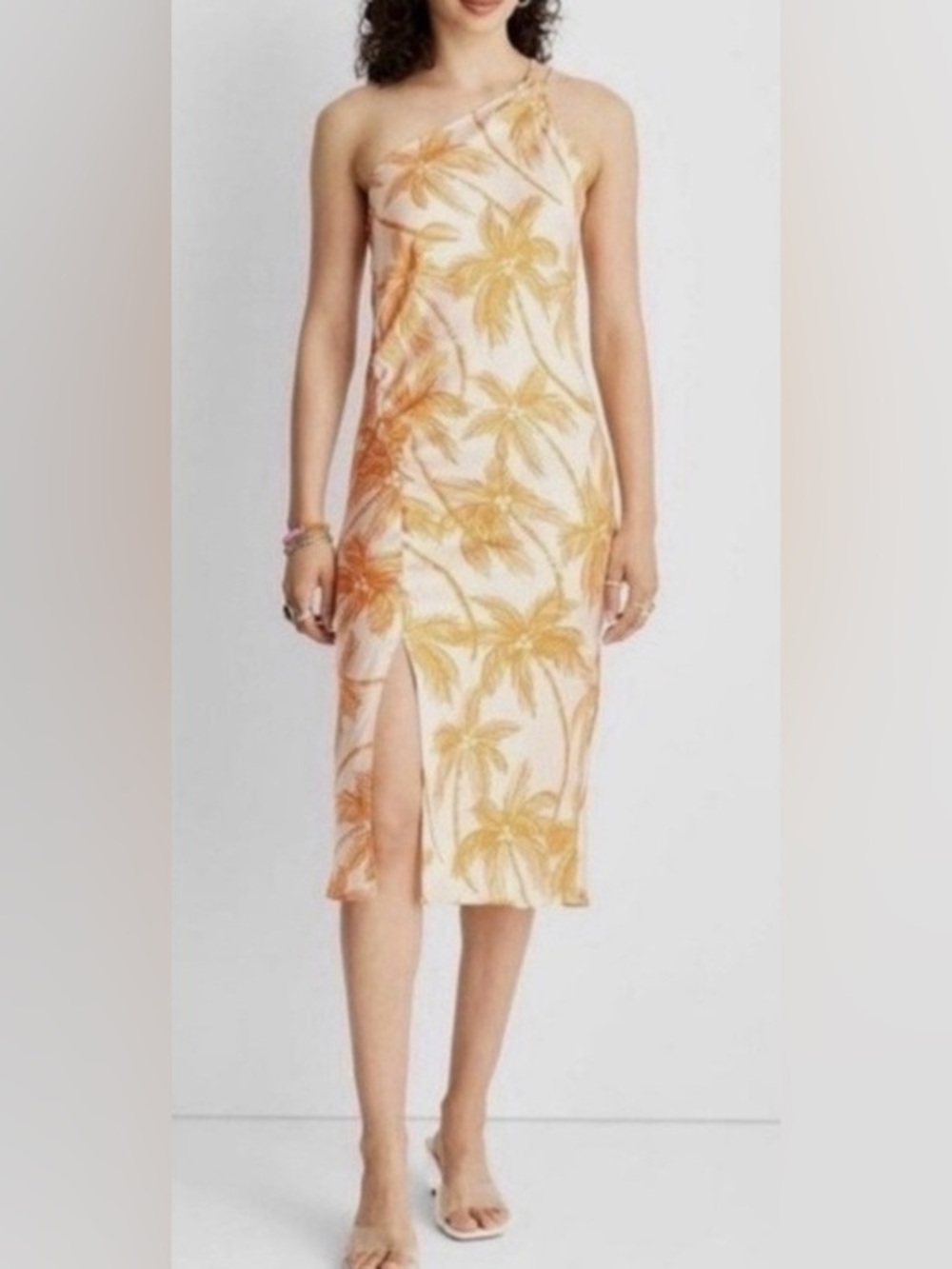 Alani Noelle Women’s One-Shoulder Orange Palm Print Midi Dress size M